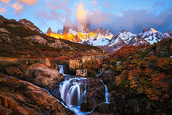 Waterfall autumn, Sunset, Autumn, Waterfall, Mountain HD wallpaper