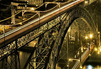 Half Moon Bridge, night, river, buildings, lights, bridge, roads HD wallpaper