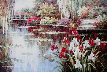 IRIS AND THE BRIDGE, bridge, iris, flowers, water HD wallpaper