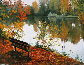 By Andrei Chernyshev, painting, art, drawing, autumn, lake, andrei chernyshev, tree HD wallpaper