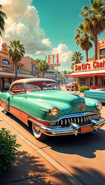 Vintage Vibes: Retro Car for a Nostalgic Touch, vintage car, retro, palm tree HD phone wallpaper