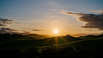 Hills Grass Dawn Slope Trees Mountains Under White Clouds Blue Sky During Sunset Nature HD wallpaper