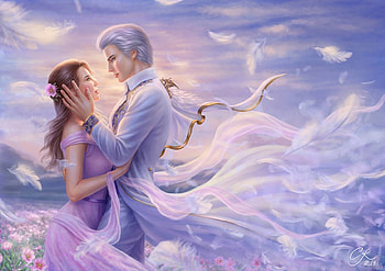 Impossible love, blue, crystalrain272, man, girl, crystalrain, wind, feather, pink, fantasy, crystal rain, couple, luminos HD wallpaper