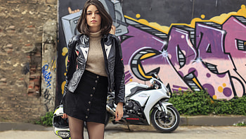 Short Hair Girl Model Is Wearing Black Jacket And Skirt Standing In Bike Background Girls HD wallpaper