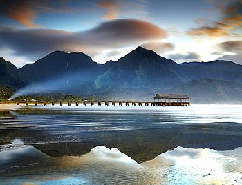 Mooring in Hawaii, clouds, sky, long dock, mountains, reflections, ocean HD wallpaper