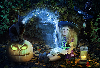 Little witch, lubov2001, girl, cat, little, witch, pisica, halloween, fantasy, luminos HD wallpaper