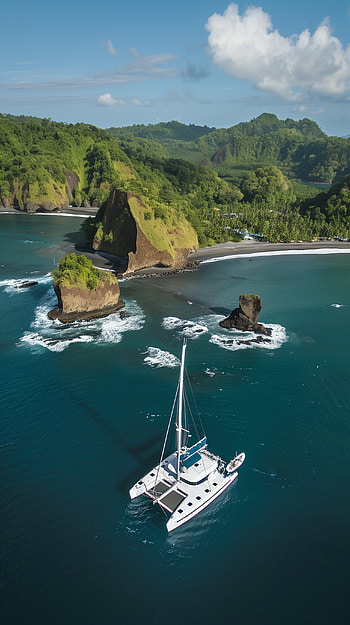 Island Catamaran Escape Ocean, ocean, island HD phone wallpaper