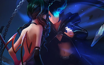 Black★Rock Shooter, twin tails, long hair, female, coat, sexy, two girls, horns, hot, black rock shooter, black hair, chain, anime girl, dead master, battle, growing blue, cool, fighter, bra HD wallpaper