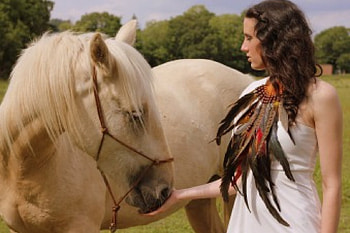 A Cowgirl's Friend, horse, cowgirl, feathers, brunette, trees, dress HD wallpaper