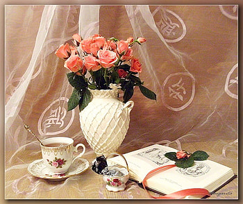 Good morning !, good morning, graphy, tea, roses, vase, still life, pink, book, flowers, porcelain HD wallpaper