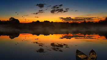 Nature, Sunset, Clouds, Boats, Horizon, Lake HD wallpaper