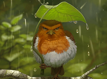 Rainy day, umbrella, artsangel, bird, art, rain, orange, arts angel, fantasy, green, leaf, pasari HD wallpaper