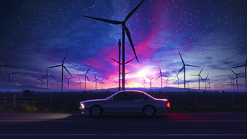 Car Going Through Starry Windmill Scene, cars, windmill, artist, artwork, digital-art HD wallpaper