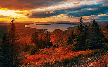 Sunset view from Height of Land, near Rangeley, Maine, clouds, autumn, treeslandscape, trees, sky, lake HD wallpaper