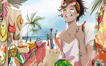 Beach, Palms, Vector, Paint, , Drawing, Relaxation, Rest, Smile, Girl HD wallpaper