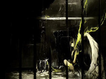 Angel In The Dungeon, wings, alone, cute, girl, angel, dark, anime, dungeon, yellow ribbon HD wallpaper