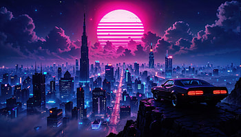 Muscle Car And Pink Horizon City, cars, cyberpunk, car, city, retrowave, artist, artwork, art, digital-art, ai, deviantart HD wallpaper