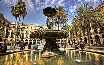 Cities, People, Architecture, Palms, Fountain, Building, Shine, Light, r, Day HD wallpaper