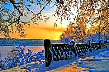 Winter sunset, winter, glow, tree, reflection, light, field, snow, shine, fence, branches, nature, wilderness, sky, sunset HD wallpaper