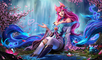 fox girl league, blossums, flowers, girl, pink hair, water, foxs, woman HD wallpaper