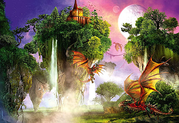 Forest Keeper, trees, sky, dragons, moon, painting HD wallpaper