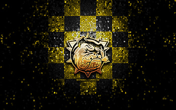 Hamilton Bulldogs, glitter logo, OHL, yellow black checkered background, hockey, canadian hockey team, Hamilton Bulldogs logo, mosaic art, Canada HD wallpaper