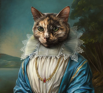 Lady Cat, blue, lady, fantasy, art, pisici, eldar zakirov, cat, princess HD wallpaper