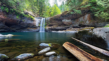 Small Waterfall on the Cliff, trees, waterfall, stone, nature, cliff, rocks, forest HD wallpaper