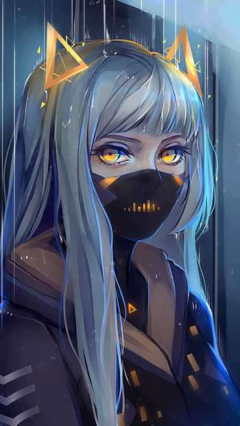 Cyberpunk Anime: Masked Guardian with Yellow Eyes & Silver Hair, yellow eyes, grey hair, mask, Anime, Original HD phone wallpaper