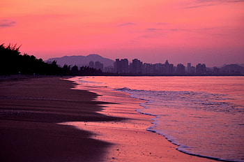 Sea, Twilight, Beach, City, Dark, Coast, Dusk HD wallpaper