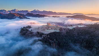 Slovenian Church, church, mountains, mountain, trees, tree, snow, mist, clouds, nature, sky HD wallpaper