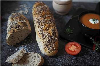 Hearty grain baguette, Roasted tomato soup, Festive combination, Wholesome meal HD wallpaper
