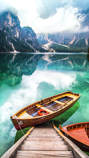 Pier boat lake, Mountains nature HD phone wallpaper