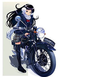 MotorBike, heads, cute, motorcycle, long hair, bike, , motor, female, plain, sexy, wheel, hot, girl, black hair, anime girl, simple, anime, scarf HD wallpaper