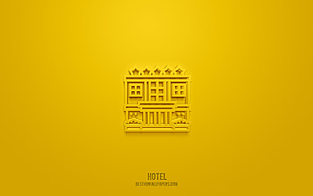 Hotel 3d icon, yellow background, 3d symbols, Hotel, tourism icons, 3d icons, Hotel sign, tourism 3d icons HD wallpaper