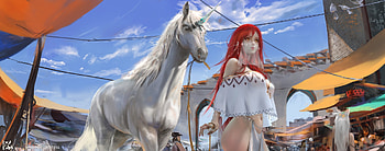 Unicorn and redhead, blue, fantasy, art, shiwen liu, unicorn, girl, redhead, luminos HD wallpaper