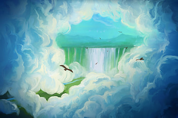 Art, Clouds, Bird, Waterfall HD wallpaper