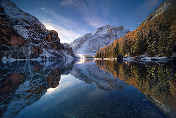 Sunrise In Braies Lake , lake, reflection, nature HD wallpaper
