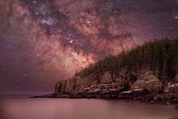 Milky Way Over Otter Cliffs , milky-way, nature, stars, sky, trees, rocks, sea, dreamy HD wallpaper