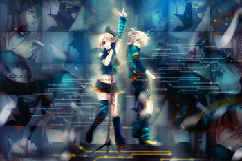 Kagamine Rin & Len, awesome, nice, singing, 3d, kagamine rin, aqua eyes, white, singers, len, stage, girl, headset, aqua, anime girl, anime, pretty, virtual, blue, black, song, heads, rin, guitar, cute, vocaloid, beauty, music, vocaloids, , kagamine len, program, beautiful, diva, kagamine, yellow hair, yellow, cool, screen, anime boy, idol, micro HD wallpaper