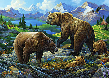Grizzly Country, mountains, family, pups, bears, artwork, painting HD wallpaper