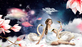 Swan Beauty, art, soft, girl, beautiful, woman, pink, digital, swans, fantasy, pretty, JC Arts, clouds, flowers HD wallpaper