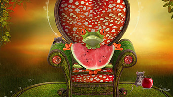Fruits of Summer, chair, mouise, throne, cute, watermelon, frog, mice, apple, whimsical HD wallpaper