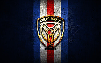 Yaracuyanos FC, golden logo, La Liga FutVe, blue metal background, football, Venezuelan football club, Yaracuyanos FC logo, soccer, Venezuelan Primera Division, FC Yaracuyanos HD wallpaper