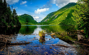 Mountain lake, hills, crystal, landscape, beautiful, mountain, lake, summer, reflection, trees, sky HD wallpaper
