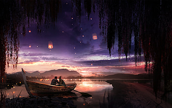 Summer night, boat, frumusete, lake, summer, fantasy, couple, luminos, lantern, romantic, water, vara HD wallpaper