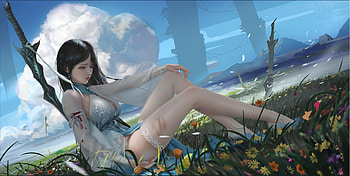 Fantasy girl, girl, art, yidia, blue, fantasy, flower HD wallpaper