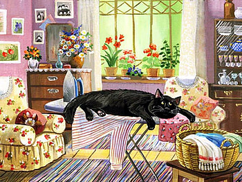 Т.Родионова. Довольный поглаженный кот., kitten, chair, painting, art, flower, cat, home HD wallpaper