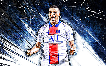 Kylian Mbappe, grunge art, 2021, PSG, french footballers, soccer, Ligue 1, football, blue abstract rays, Kylian Mbappe PSG, Paris Saint-Germain, Kylian Mbappe HD wallpaper