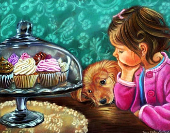 Should i eat the Cupcakes ?, dog, artwork, table, painting, cake plate, girl HD wallpaper